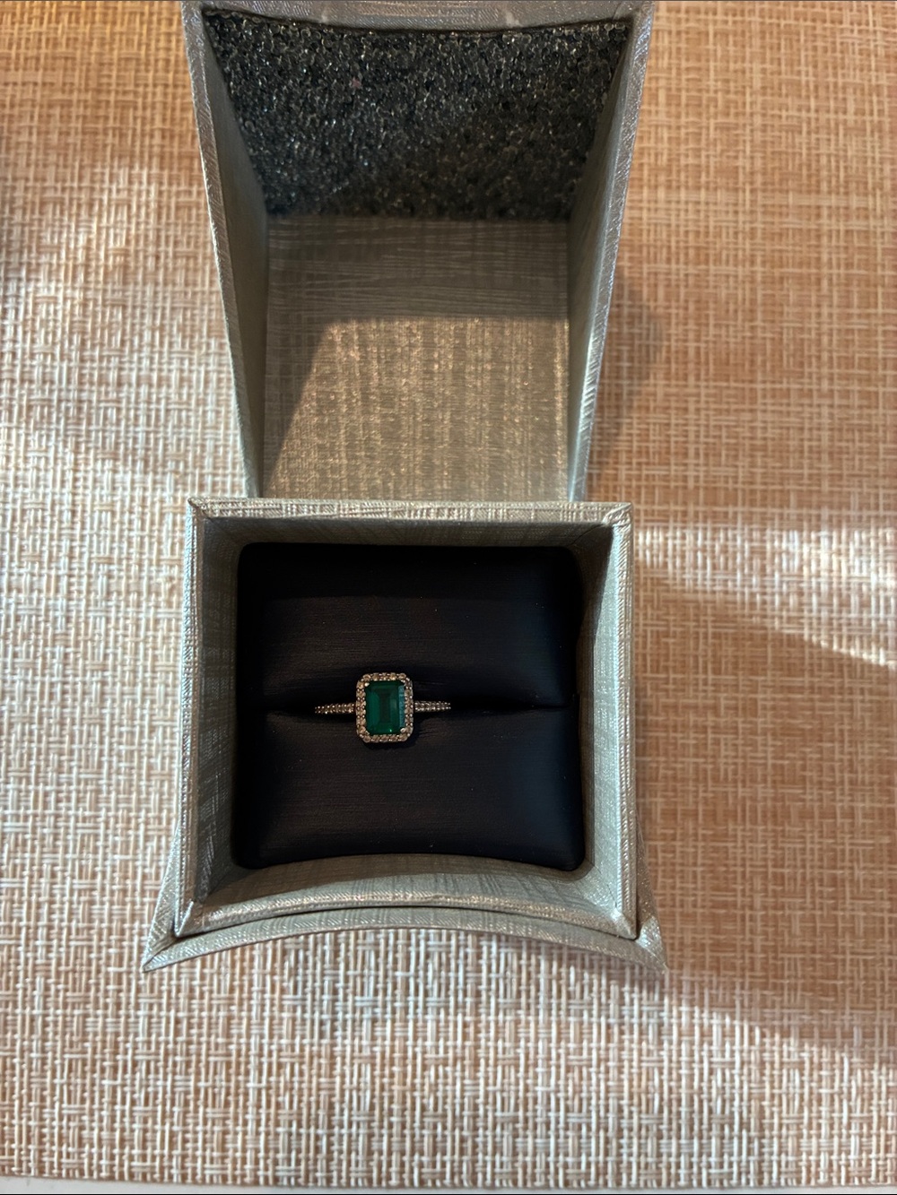 Emerald Green Halo Ring with Pavé Silver Band